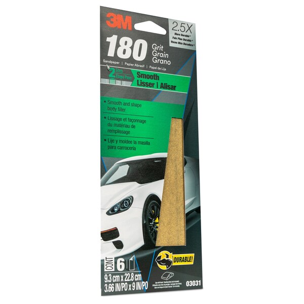 3M Sandpaper 03031, 180 Grit, 3-2/3 in x 9 in, 6/Pack, 20PK - 3031