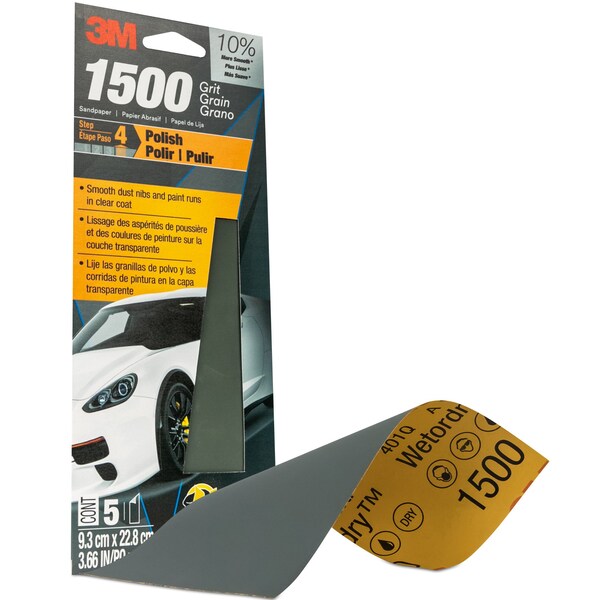 3M Wetordry Sandpaper 03002, 3-2/3 in x 9 in, 1500 Grit, 5/Pack, 20PK - 3002