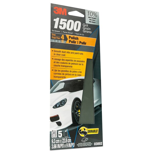 3M Wetordry Sandpaper 03002, 3-2/3 in x 9 in, 1500 Grit, 5/Pack, 20PK - 3002