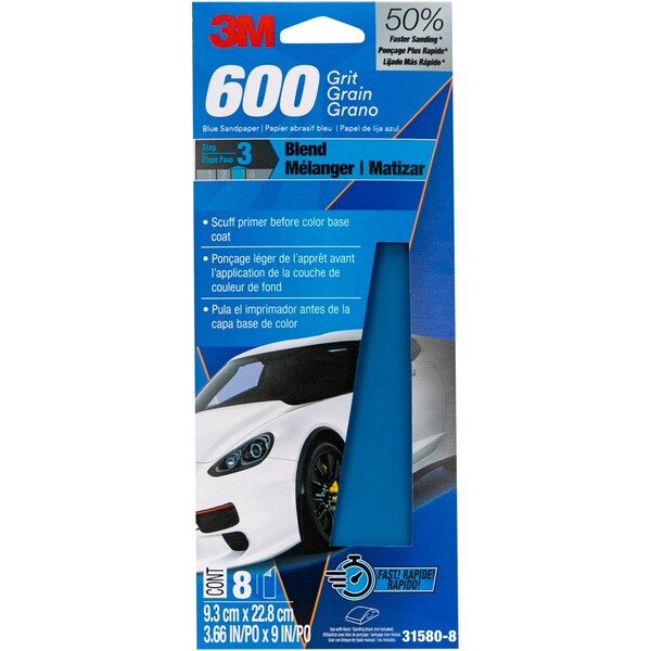 3M Blue Sandpaper, 3 2/3 in X 9 in, 600 G, 8 Sheet/Pack, 20PK - 31580-8