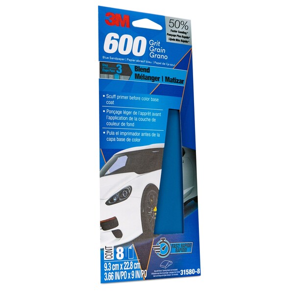 3M Blue Sandpaper, 3 2/3 in X 9 in, 600 G, 8 Sheet/Pack, 20PK - 31580-8