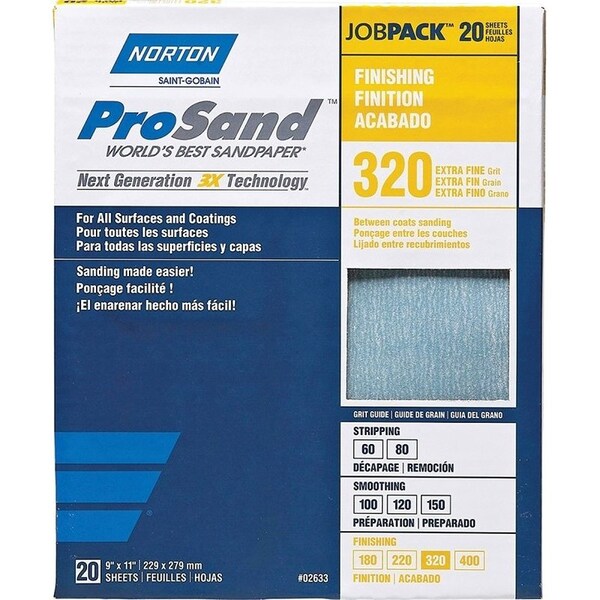 Norton Co ProSand 07660768166 Sanding Sheet, 11 in L, 9 in W, Extra Fine, 320 Grit, Aluminum Oxide Abrasive - 2633