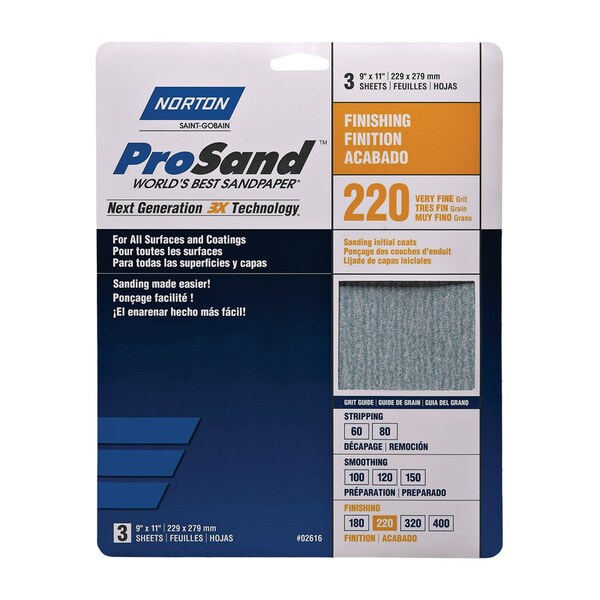 Norton Abrasives Norton ProSand 11 in. L X 9 in. W 220 Grit Aluminum Oxide Sandpaper 3 pk - 7660768158