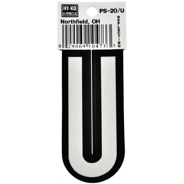 Hy-Ko Reflective Letter, Character: U, 3-1/4 in H Character, Black/White Character, Vinyl - PS-20/U