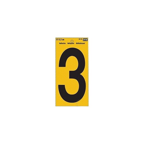 Hy-Ko Reflective Sign, Character: 3, 5 in H Character, Black Character, Yellow Background, Vinyl - RV-75/3