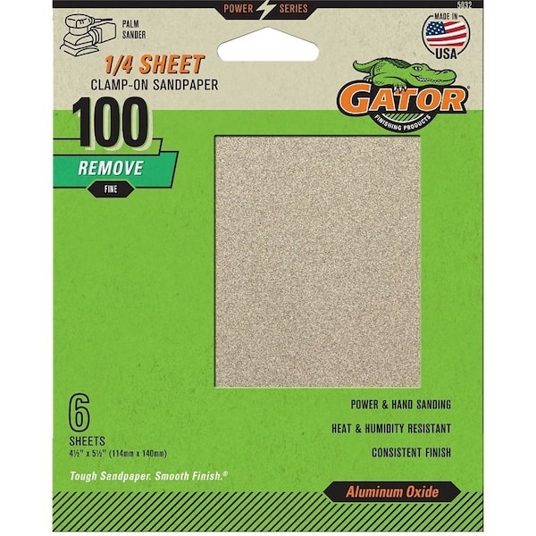 Gator Sanding Sheet, 4-1/2 in W, 5-1/2 in L, 100 Grit, Medium, Aluminum Oxide Abrasive, Paper Backing - 5032
