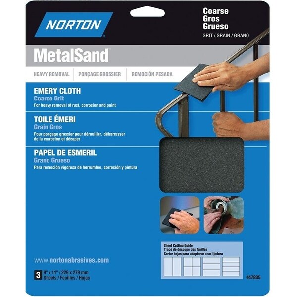 Norton Co MetalSand 076607 Sanding Sheet, 11 in L, 9 in W, Coarse, 80 Grit, Emery Abrasive, Cloth Backing - 47835