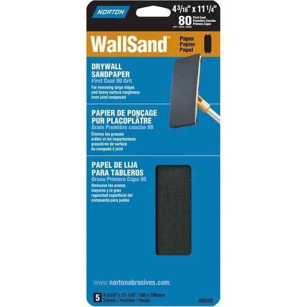 Norton Co 4-3/16" x 11" WallSand Die-Cut Drywall Sanding Sheets 80D-Grit, PK 5 - 01887