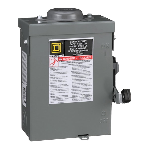 Interruptor de seguridad Square D, deber general, no fusible, 30A, 2 polos, 3hp, 240VAC, NEMA 3R, con disposición de perno de montaje - DU221RBUP