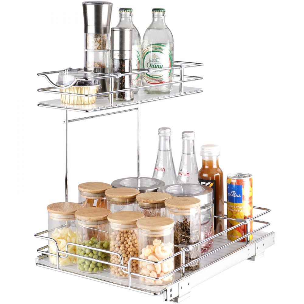 VEVOR 2 Tier 12"W x 17"D Pull Out Cabinet Organizer, Heavy Duty Slide Out Pantry Shelves, Chrome-Plated Steel Roll Out Drawers, Sliding Drawer Storage for Inside Kitchen Cabinet, Bathroom, Under Sink - HGSLLHGSYCL21CL47V0