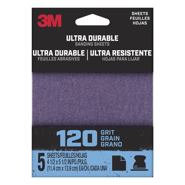 3M Ultra Durable Power Sanding 1/4 Sheet, 120 grit, 5 pk, 20PK - 1/4SHT5PK120
