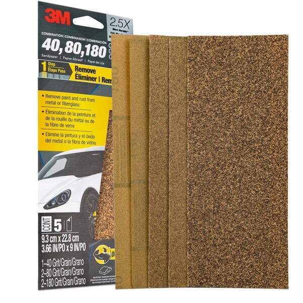 3M Sandpaper 03039, Asst Grit, 3-2/3 in x 9 in, 5/Pack, 20PK - 3039