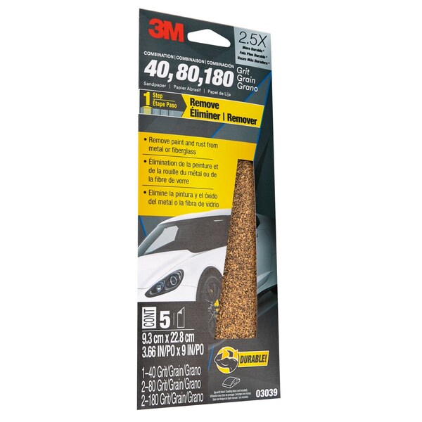 3M Sandpaper 03039, Asst Grit, 3-2/3 in x 9 in, 5/Pack, 20PK - 3039