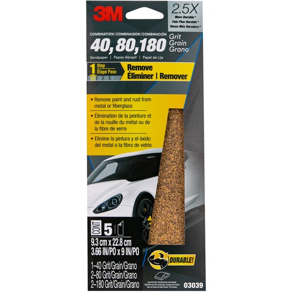 3M Sandpaper 03039, Asst Grit, 3-2/3 in x 9 in, 5/Pack, 20PK - 3039