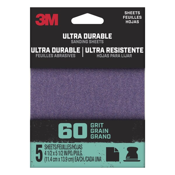 3M Ultra Durable Power Sanding 1/4 Sheet, 60 grit, 5 pk, 20PK - 1/4SHT5PK60