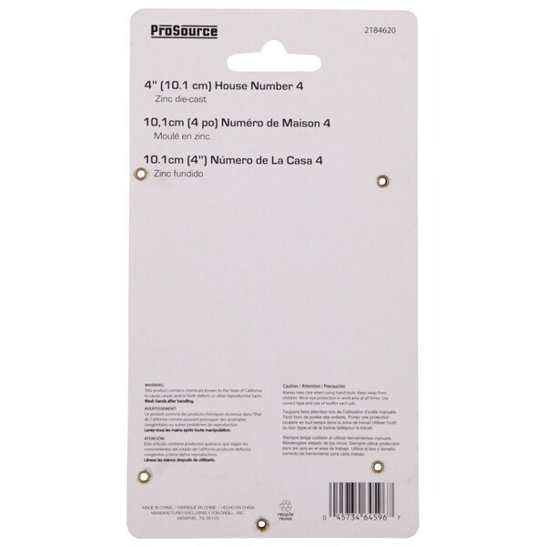 Prosource House Number, Character: 4, 4 in H Character, 2.28 in W Character - N-Z044SN-PS