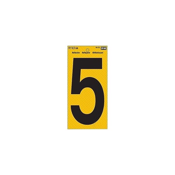 Hy-Ko Reflective Sign, Character: 5, 5 in H Character, Black Character, Yellow Background, Vinyl - RV-75/5