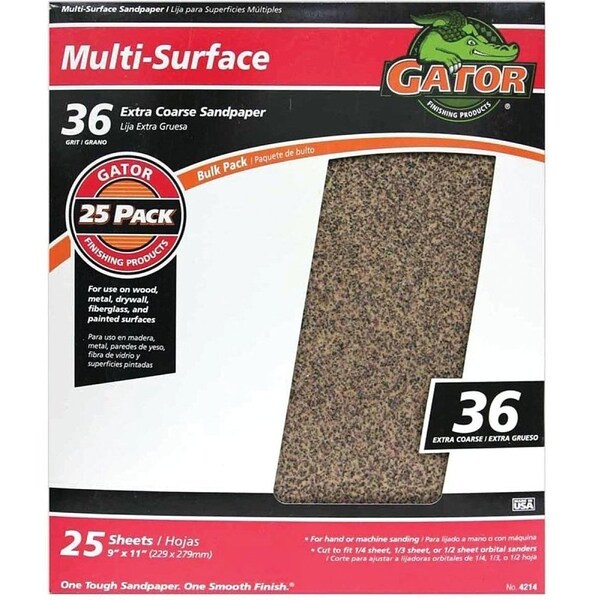 Gator 3269 Sanding Sheet, 11 in L, 9 in W, 36 Grit, Extra Coarse, Aluminum Oxide Abrasive - 4214GA