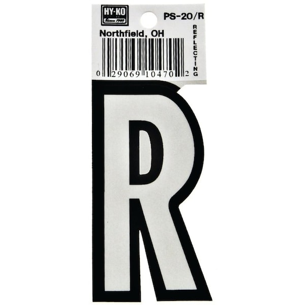 Hy-Ko Reflective Letter, Character: R, 3-1/4 in H Character, Black/White Character, Vinyl - PS-20/R