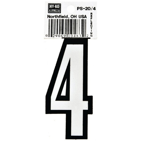 Hy-Ko Reflective Sign, Character: 4, 3-1/4 in H Character, Black/White Character, Vinyl - PS-20/4