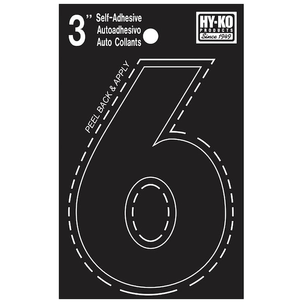 Hy-Ko 30400 Series Die-Cut Number, Character: 6, 3 in H Character, Black Character, Vinyl - 30406