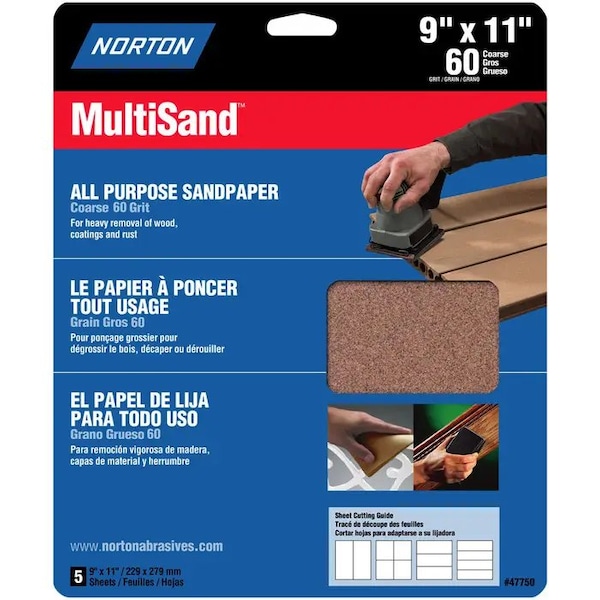 Norton Co 9" x 11" MultiSand All Purpose Sanding Sheet 60-Grit, PK 5 - 47750
