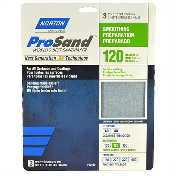 Norton Co 9" x 11" ProSand Sanding Sheet 120-Grit, PK 3 - 02619