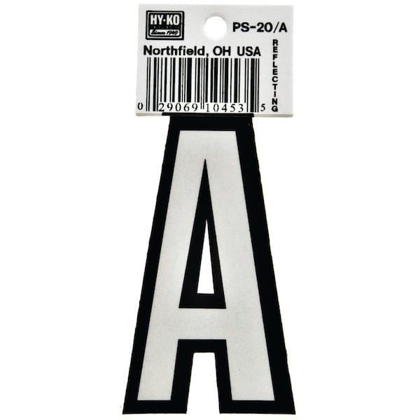 Hy-Ko Reflective Letter, Character: A, 3-1/4 in H Character, Black/White Character, Vinyl - PS-20/A