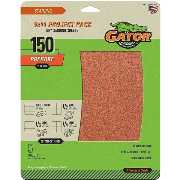 Gator Sanding Sheet, 11 in L, 9 in W, Fine, 150 Grit, Garnet Abrasive, Paper Backing - 4464