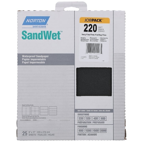 Norton Co 0 Sanding Sheet, 9 in L, 11 in W, 220A Grit, Very Fine, Aluminum Oxide Abrasive - 1226