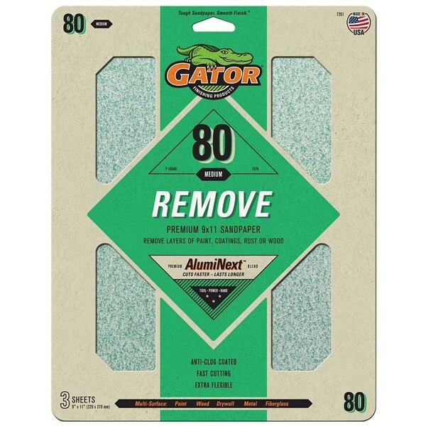 Gator Sanding Sheet, 11 in L, 9 in W, 80 Grit, Medium, Aluminum Oxide Abrasive - 7261