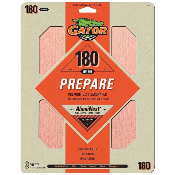Gator Sanding Sheet, 11 in L, 9 in W, Extra Fine, 180 Grit, Aluminum Oxide Abrasive, Paper Backing - 7265
