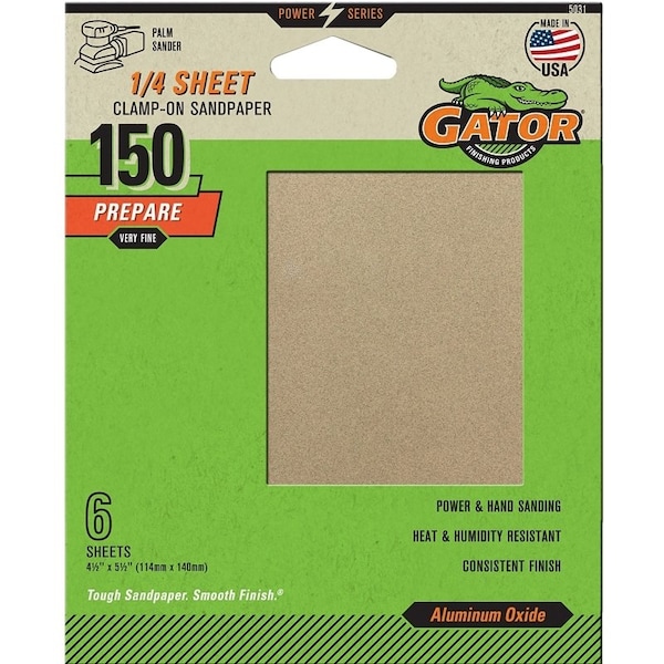 Gator Sanding Sheet, 4-1/2 in W, 5-1/2 in L, 150 Grit, Fine, Aluminum Oxide Abrasive, Paper Backing - 5031