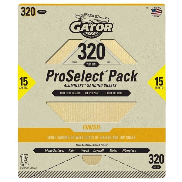Gator Sanding Sheet, 11 in L, 9 in W, Very Fine, 320 Grit, Aluminum Oxide Abrasive - 7284