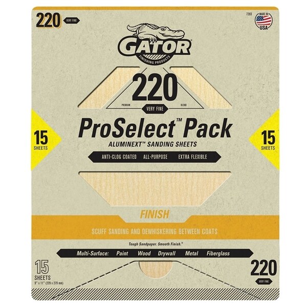 Gator Sanding Sheet, 11 in L, 9 in W, Very Fine, 220 Grit, Aluminum Oxide Abrasive - 7283