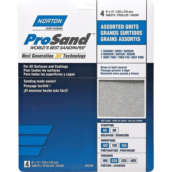 Norton Co ProSand 0766070 Sanding Sheet, 11 in L, 9 in W, Aluminum Oxide Abrasive, Fiber Backing - 5386