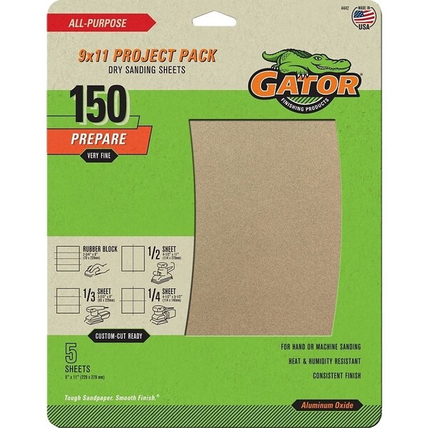 Gator Sanding Sheet, 11 in L, 9 in W, 150 Grit, Fine, Aluminum Oxide Abrasive - 4442