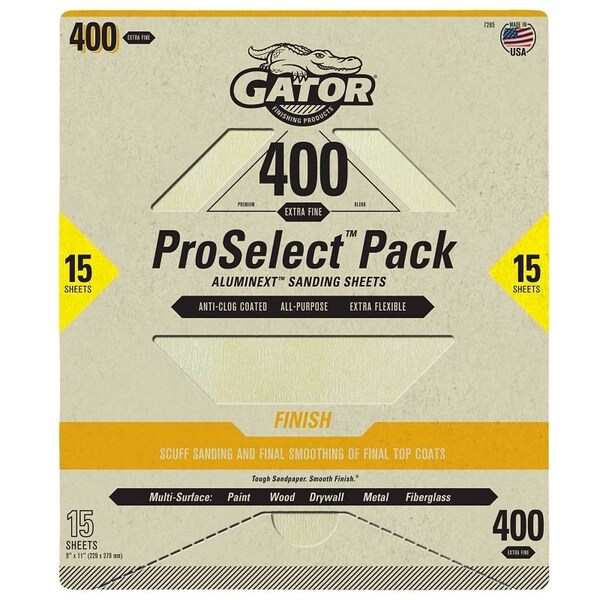 Gator Sanding Sheet, 11 in L, 9 in W, Extra Fine, 400 Grit, Aluminum Oxide Abrasive - 7285