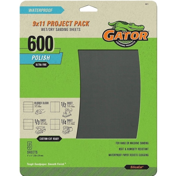 Gator Sanding Sheet, 9 in L, 11 in W, 600 Grit, Ultra Fine, Silicone Carbide Abrasive - 4471