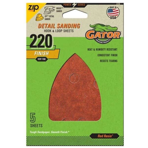 Gator Sanding Sheet, 3-1/2 in W, 5 in L, 220 Grit, Extra Fine, Aluminum Oxide Abrasive, Paper Backing - 3730