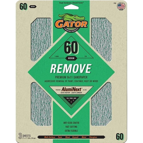 Gator Sanding Sheet, 11 in L, 9 in W, 60 Grit, Coarse, Aluminum Oxide Abrasive - 7260