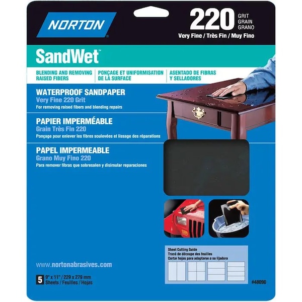 Norton Co 9" x 11" SandWet Wet or Dry Sanding Sheets 220-Grit, PK 5 - 48090