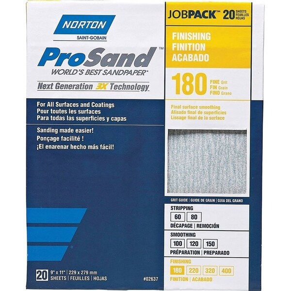 Norton Co ProSand 07660768168 Sanding Sheet, 11 in L, 9 in W, Fine, 180 Grit, Aluminum Oxide Abrasive - 2637