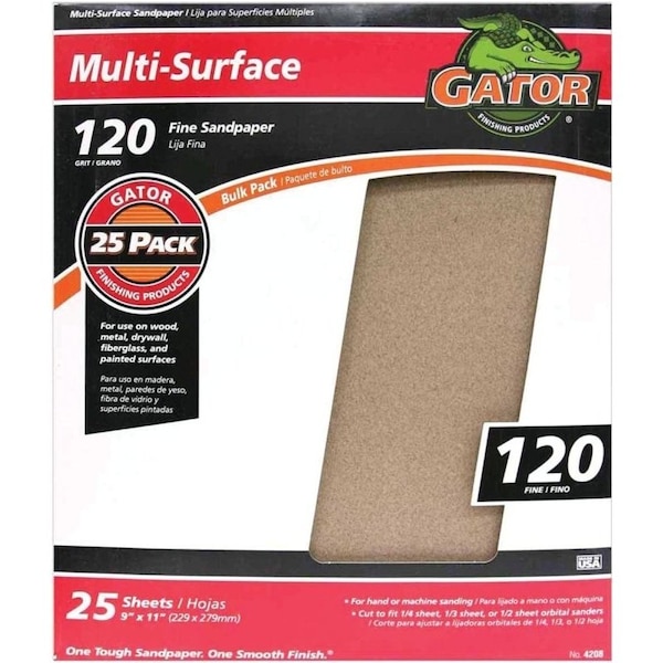 Gator 3263 Sanding Sheet, 11 in L, 9 in W, 120 Grit, Fine, Aluminum Oxide Abrasive - 4208