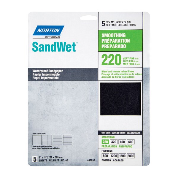 Norton Abrasives Norton SandWet 11 in. L X 9 in. W 220 Grit Aluminum Oxide Waterproof Sandpaper 5 pk - 7660748090
