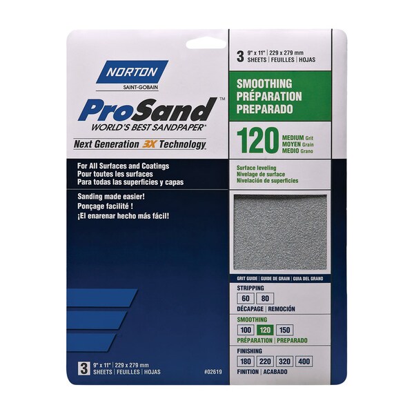 Norton Abrasives Norton ProSand 11 in. L X 9 in. W 120 Grit Aluminum Oxide Sandpaper 3 pk - 7660768161