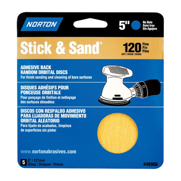 Norton Abrasives Norton Stick & Sand 5 in. Aluminum Oxide Adhesive A290 Sanding Disc 120 Grit Medium 5 pk - 7660705454