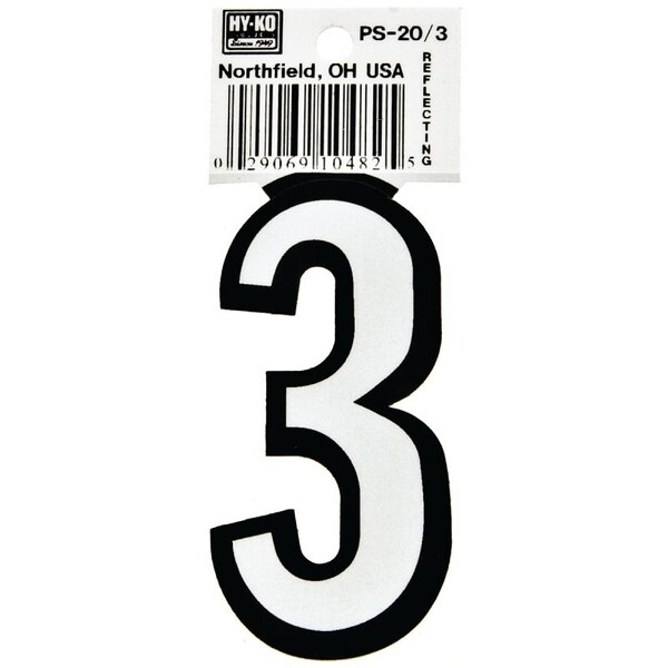 Hy-Ko Reflective Sign, Character: 3, 3-1/4 in H Character, Black/White Character, Vinyl - PS-20/3