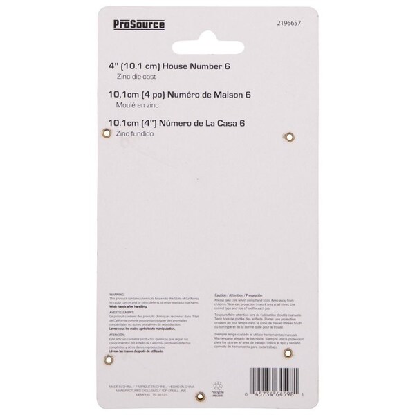 Prosource House Number, Character: 6, 4 in H Character, 2.28 in W Character - N-Z046SN-PS