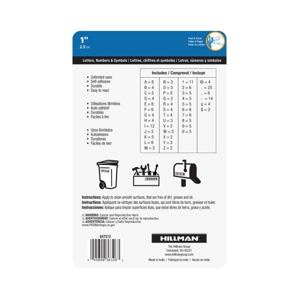 Hillman HILLMAN 1 in. Black Vinyl Self-Adhesive Letter and Number Set 0-9"	 A-Z 228 pc - 847212